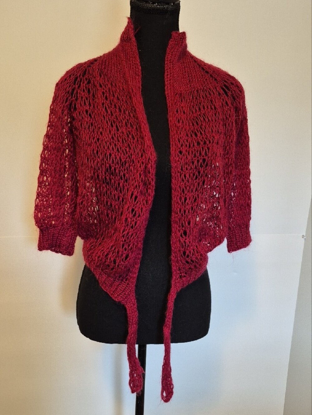 Open-Knit Tie-Front Women's Sweater Cardigan in Burgundy - Picture 5 of 6